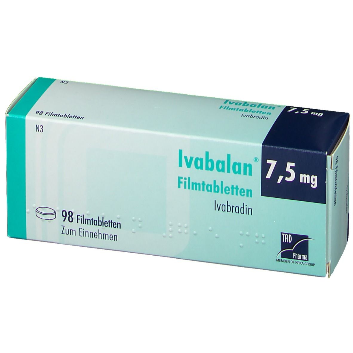Schachtel Ivabalan 7,5 mg Filmtabletten. Aufschrift: 98 Filmtabletten, Ivabradin. Logo TAD Pharma.