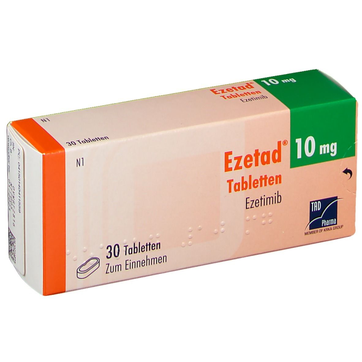 Schachtel mit Tabletten. Aufschrift: Ezetad 10 mg, 30 Tabletten. Grün-weiße Verpackung mit orangefarbenen Akzenten.