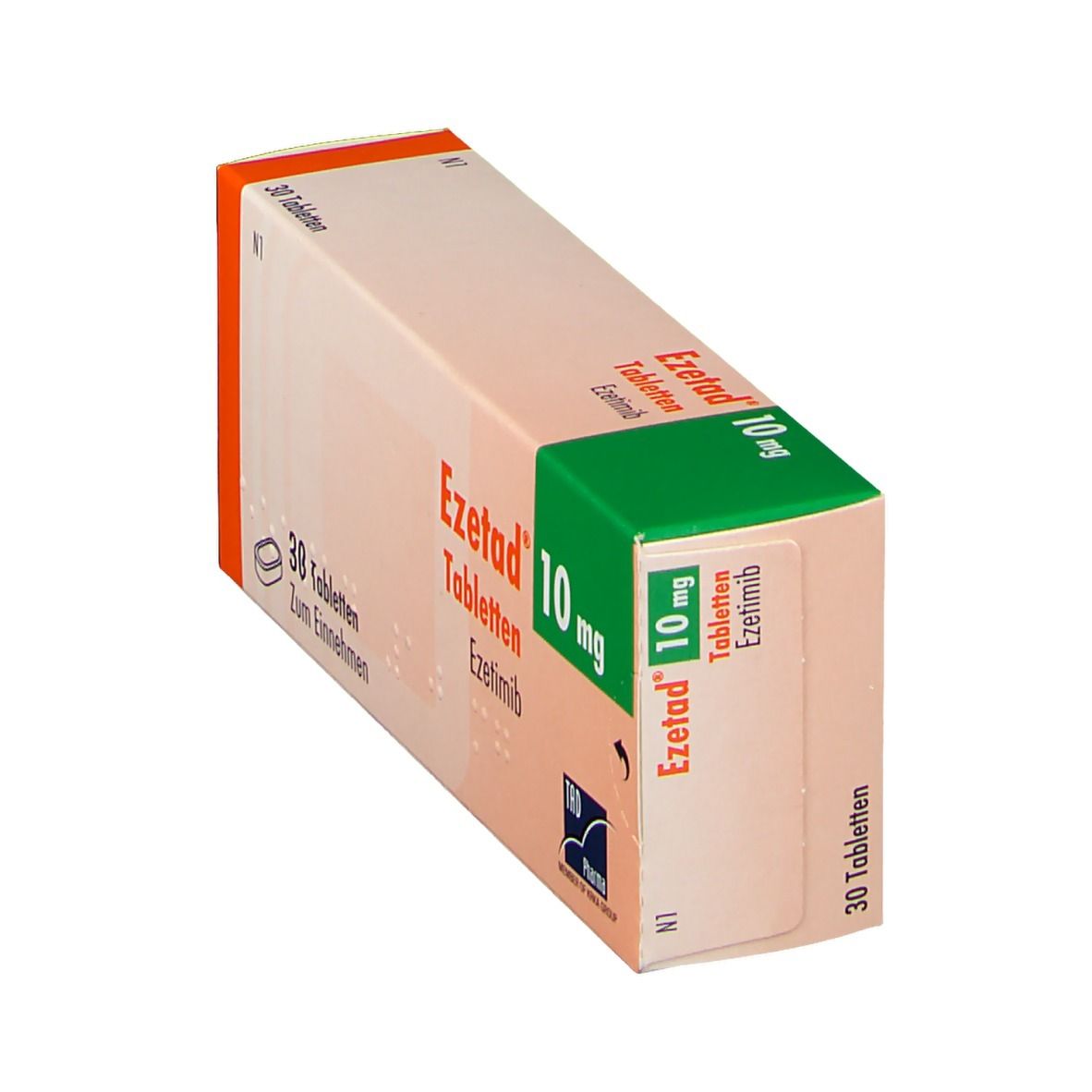 Schachtel mit Tabletten. Aufschrift: Ezetad 10 mg. Grün-weiße Verpackung mit orangefarbenen Akzenten. Perspektivische Ansicht.