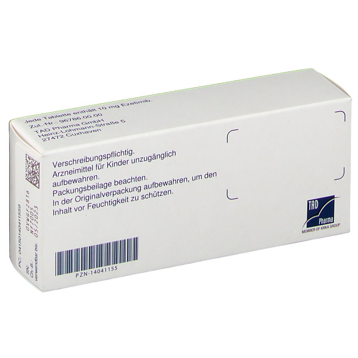 Weiße Tablettenschachtel. Aufschrift: Verschreibungspflichtig. Text und Barcode auf der Rückseite. TRD Pharma Logo.