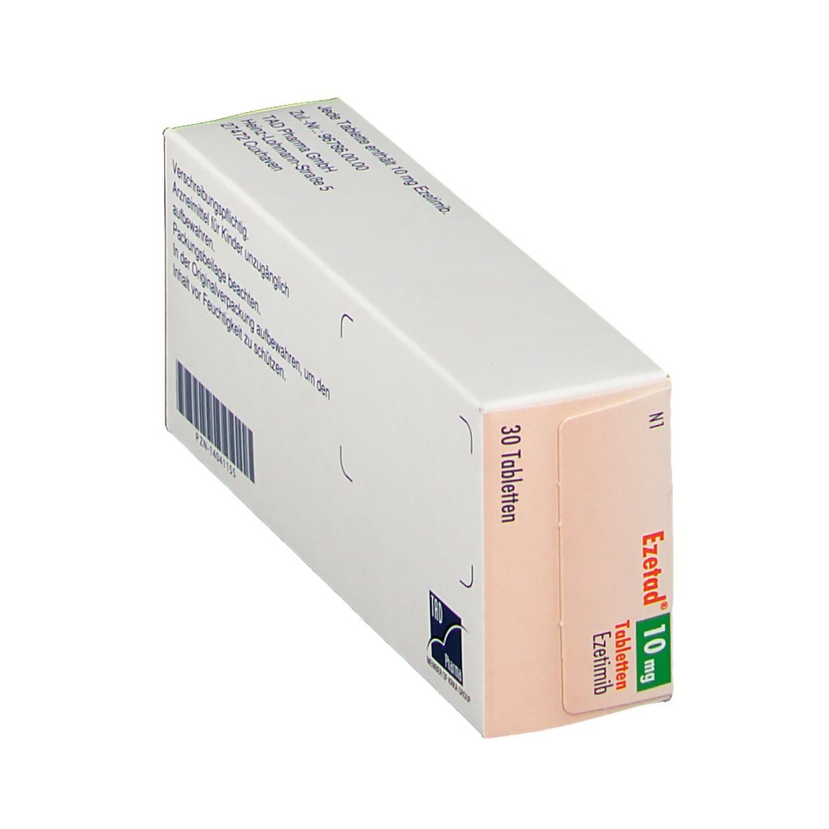 Tablettenschachtel. Aufschrift: Ezetad 10 mg, 30 Tabletten. Grün-weiße Verpackung. Perspektivische Ansicht.