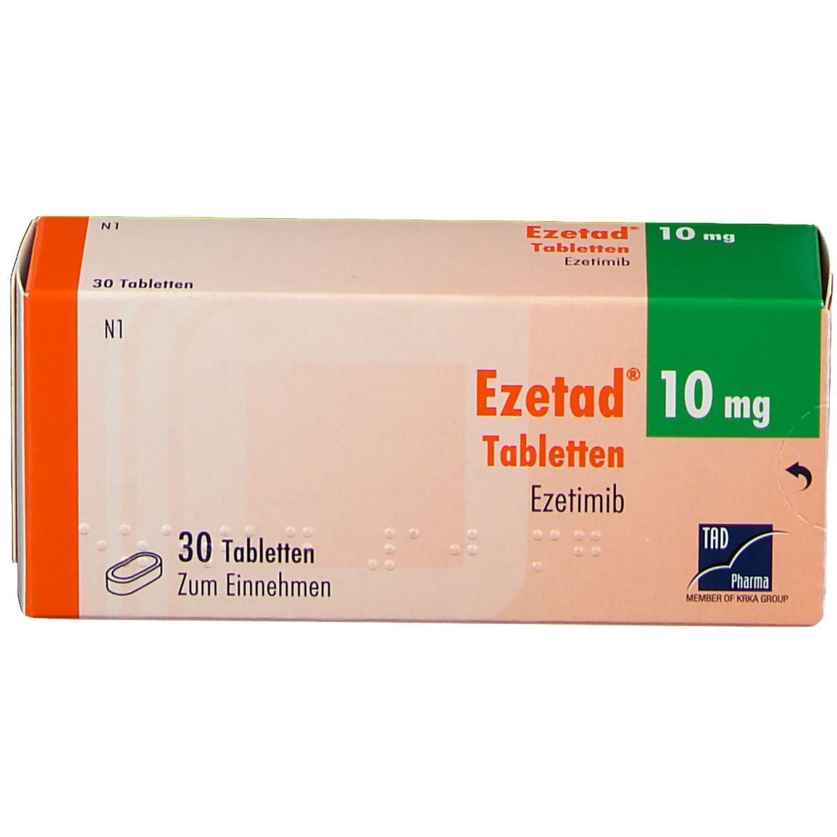 Tablettenschachtel. Aufschrift: Ezetad 10 mg, 30 Tabletten. Grün-weiße Verpackung mit orangefarbenen Akzenten.