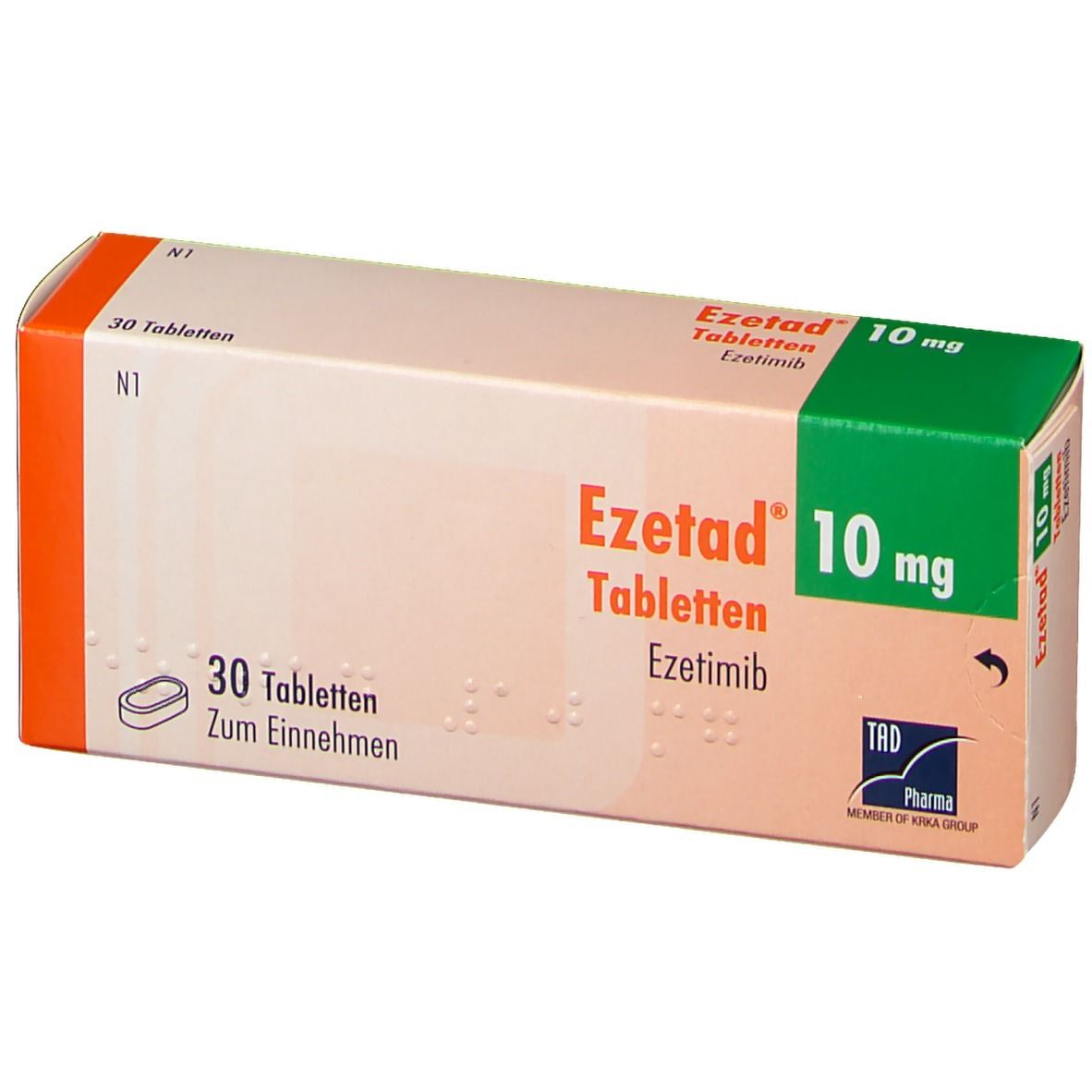 Tablettenschachtel. Aufschrift: Ezetad 10 mg, 30 Tabletten. Grün-weiße Verpackung mit orangefarbenen Akzenten.