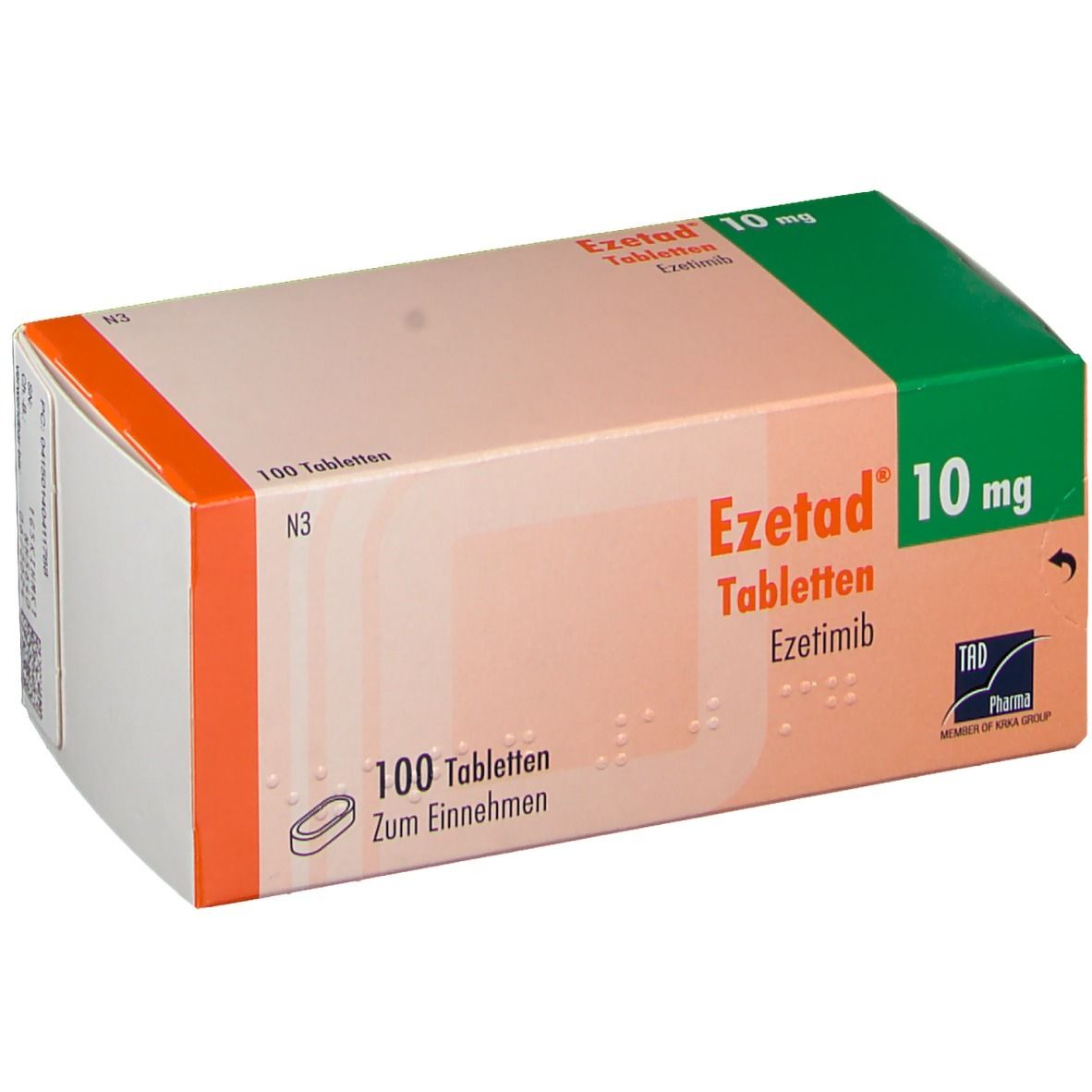 Ezetad 10 mg Tabletten-Packung. Grün-weiß-orangefarbene Schachtel mit Produktnamen und Dosierung. Enthält 100 Tabletten.