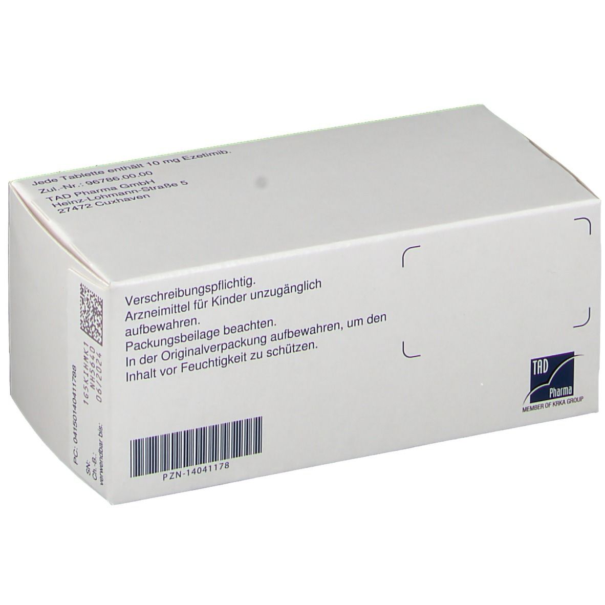 Rückseite der Ezetad 10 mg Tabletten-Packung. Weiß mit Text, Barcode und Herstellerinformationen.