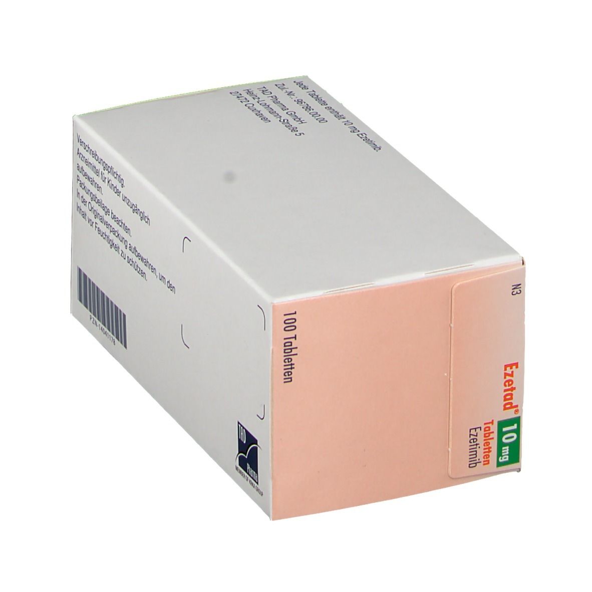 Ezetad 10 mg Tabletten-Packung. Schachtel in schräger Ansicht. Weiß mit Text und Herstellerinformationen.