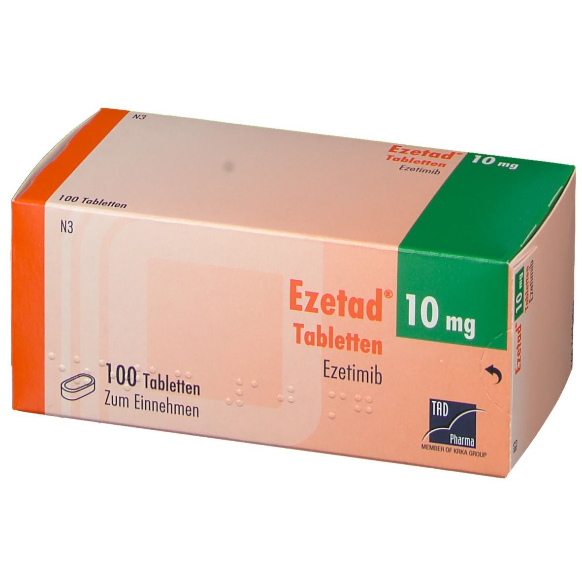 Ezetad 10 mg Tabletten-Packung. Grün-weiß-orangefarbene Schachtel mit Produktnamen und Dosierung. Enthält 100 Tabletten.