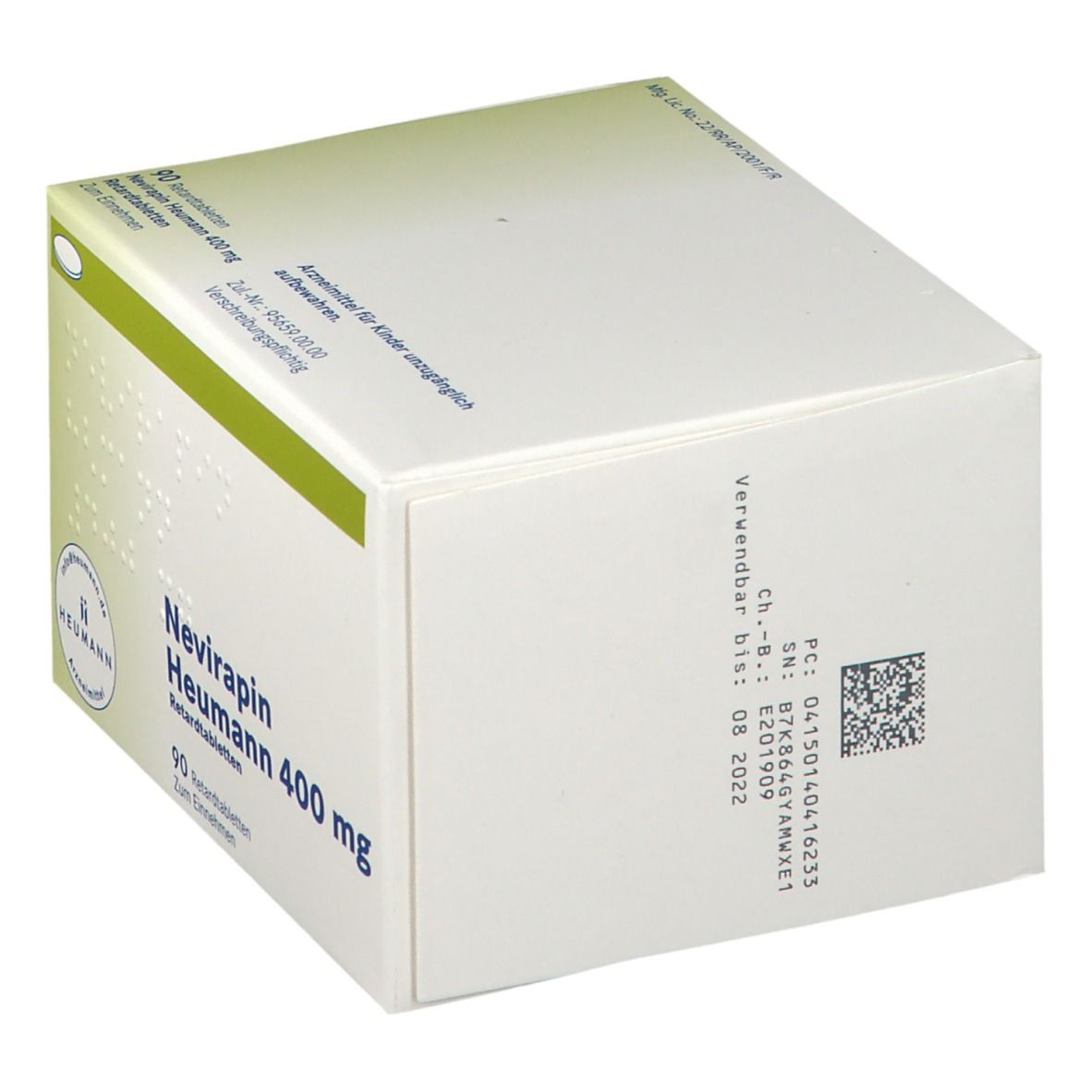 Rückseite der Packung Nevirapin Heumann 400 mg mit Chargennummer und Verfallsdatum.