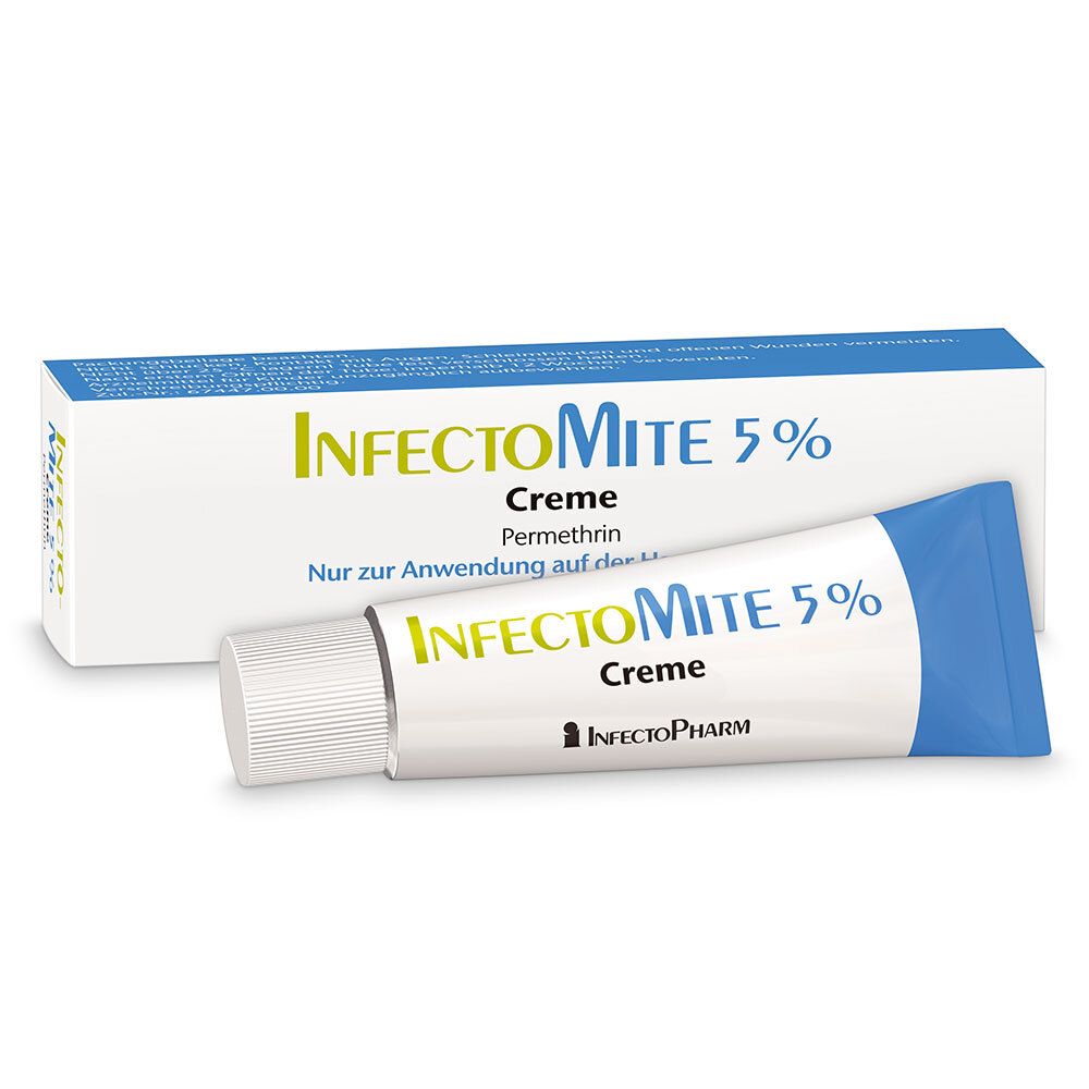 Creme-Tube und Schachtel mit der Aufschrift "InfectoMite 5%". Enthält Permethrin. Marke: InfectoPharm.