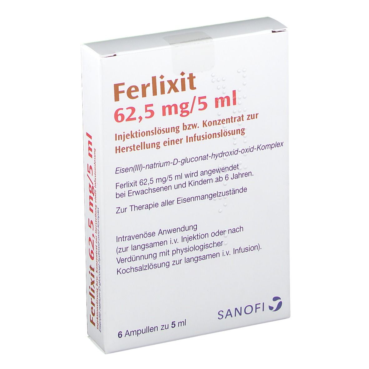 Verpackung von Ferlixit 62,5 mg/5 ml. Weiße Schachtel mit Produktinformationen und Sanofi-Logo. Enthält 6 Ampullen.