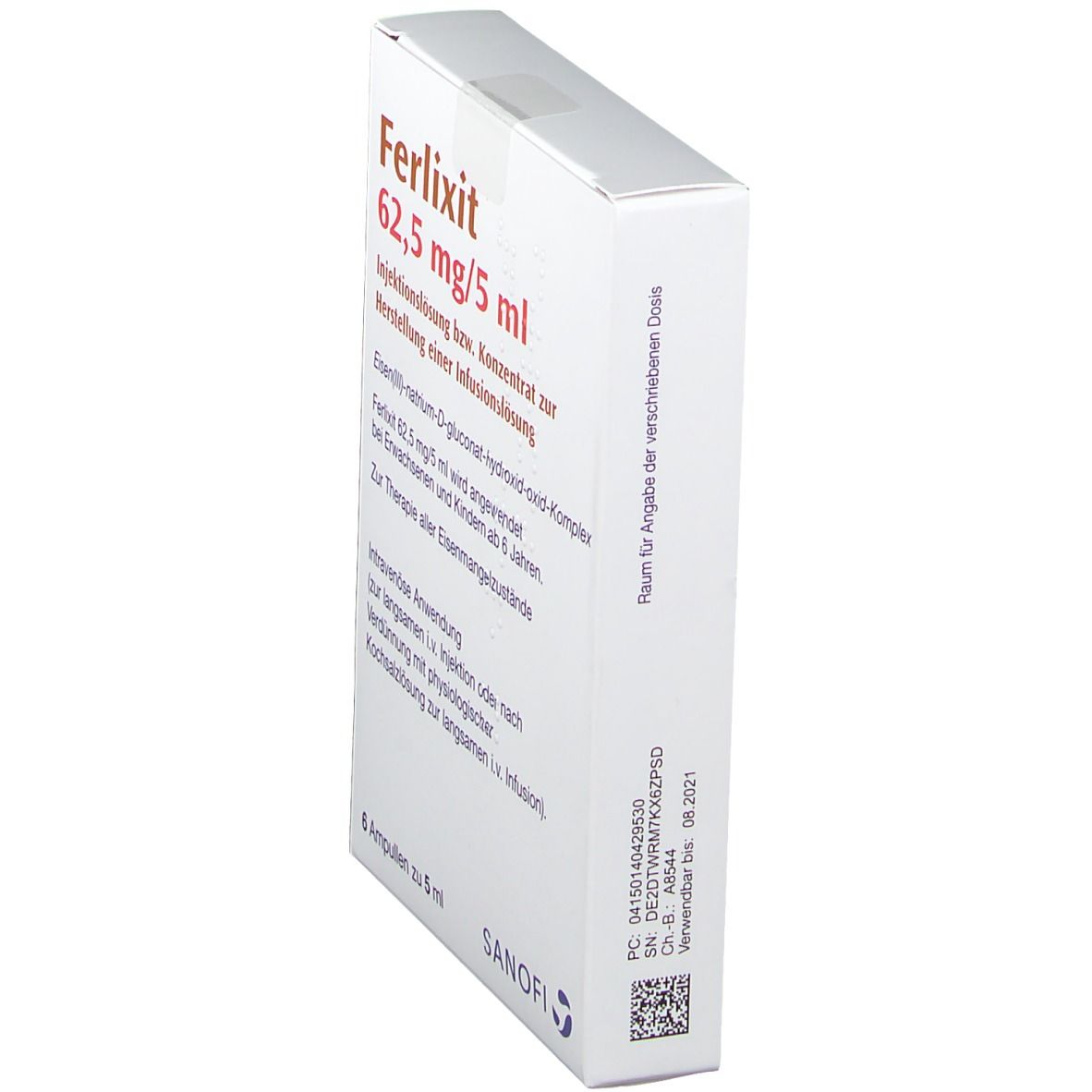 Seitenansicht der Ferlixit 62,5 mg/5 ml Verpackung. Weiße Schachtel mit Produktinformationen und Sanofi-Logo. QR-Code.