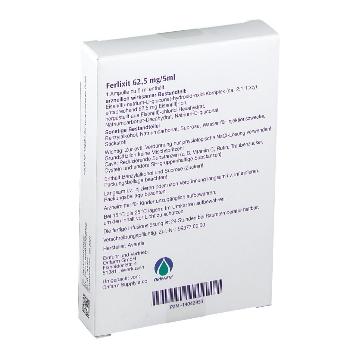 Rückseite der Ferlixit 62,5 mg/5 ml Verpackung. Weiße Schachtel mit Produktinformationen. Enthält Inhaltsstoffe und Hersteller.