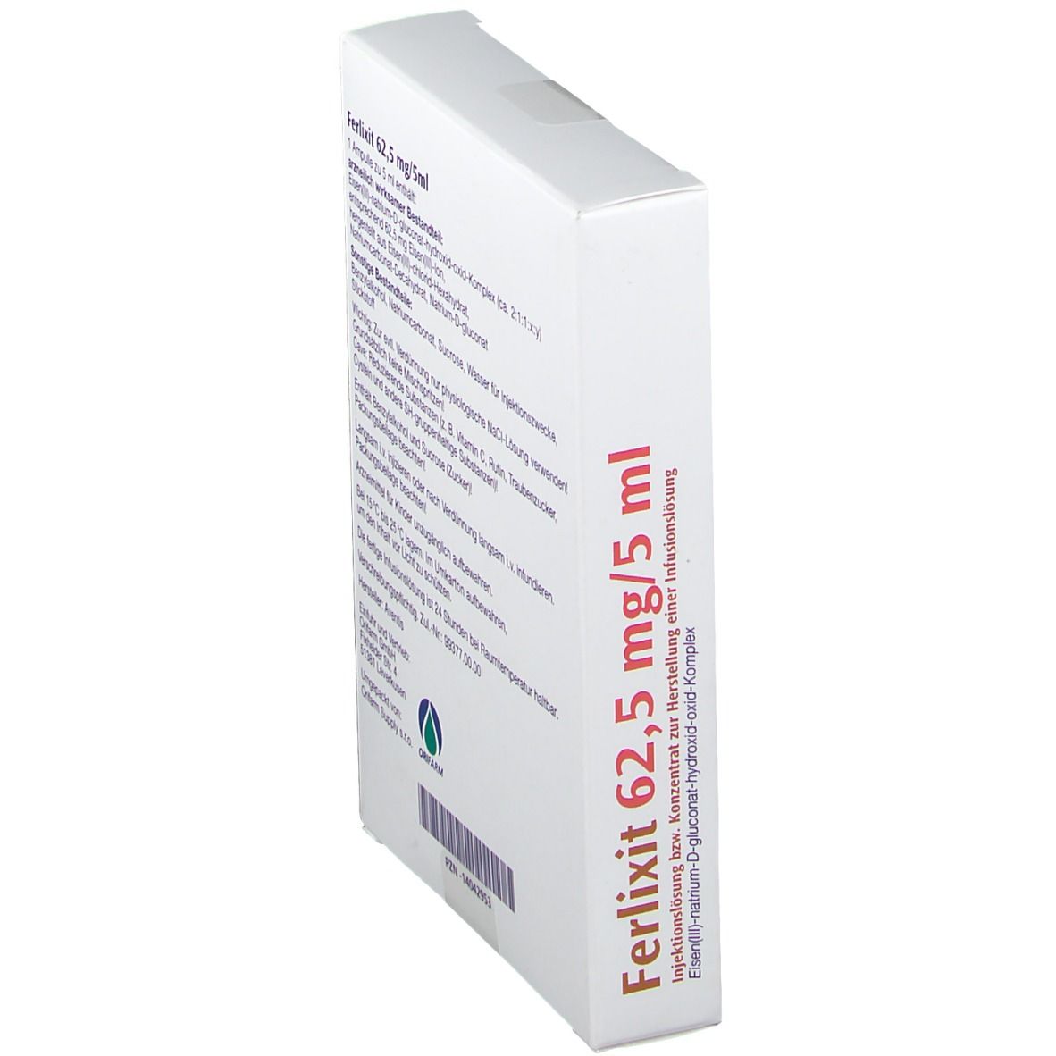 Seitenansicht der Ferlixit 62,5 mg/5 ml Verpackung. Weiße Schachtel mit Produktinformationen. Sanofi-Logo.