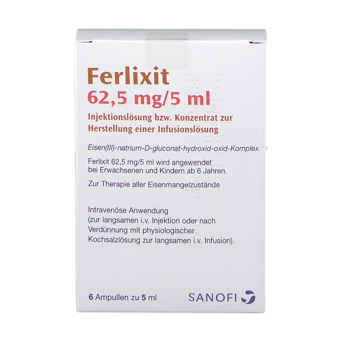 Vorderansicht der Ferlixit 62,5 mg/5 ml Verpackung. Weiße Schachtel mit Produktinformationen und Sanofi-Logo. 6 Ampullen.