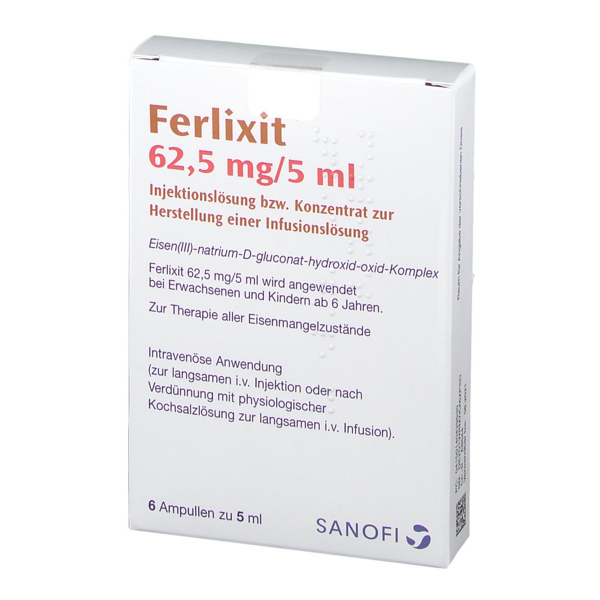 Vorderansicht der Ferlixit 62,5 mg/5 ml Verpackung. Weiße Schachtel mit Produktinformationen und Sanofi-Logo. 6 Ampullen.