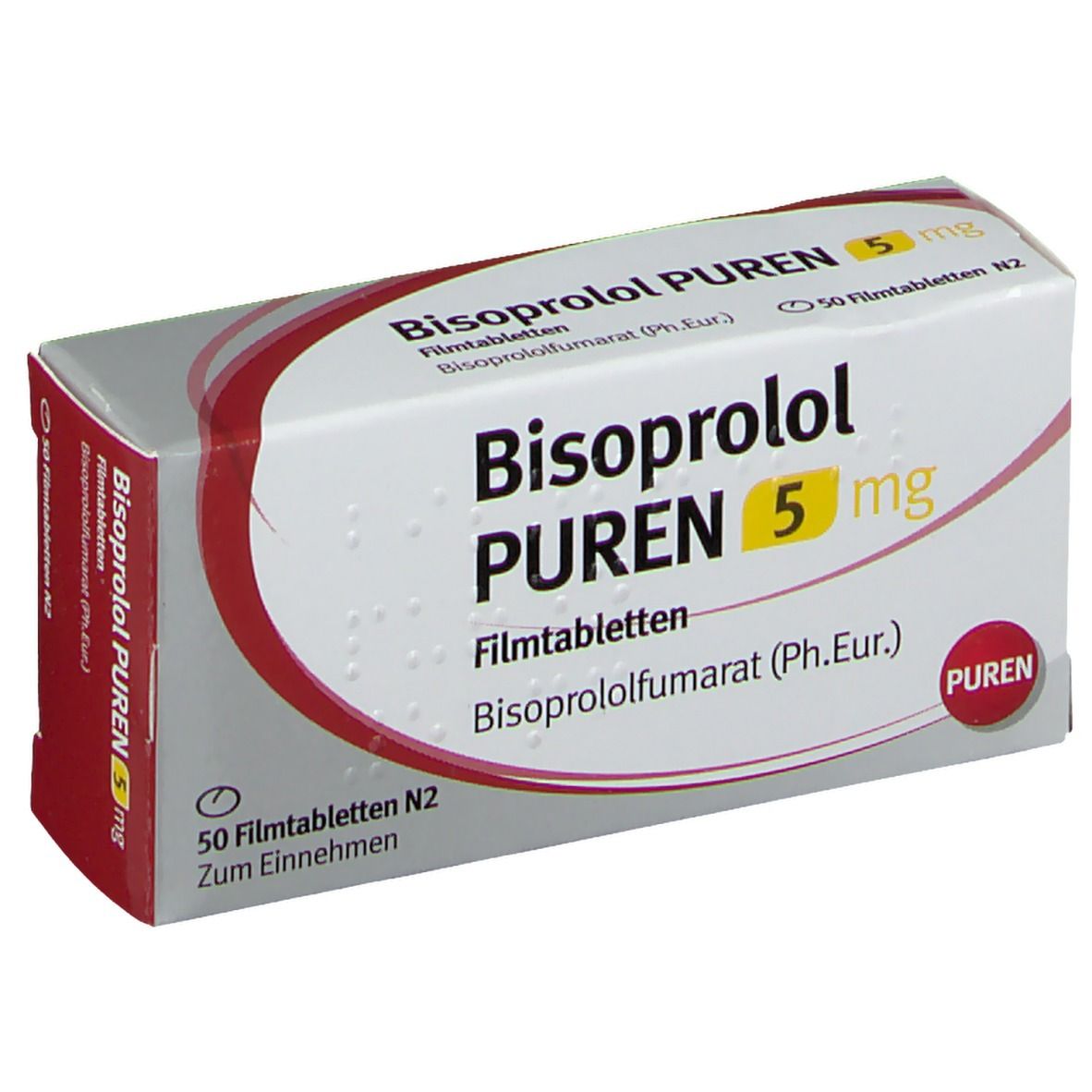 Schachtel mit Bisoprolol PUREN 5 mg Filmtabletten. Aufschrift: 50 Filmtabletten N2. Rote und weiße Verpackung mit Produktnamen und Dosierung.