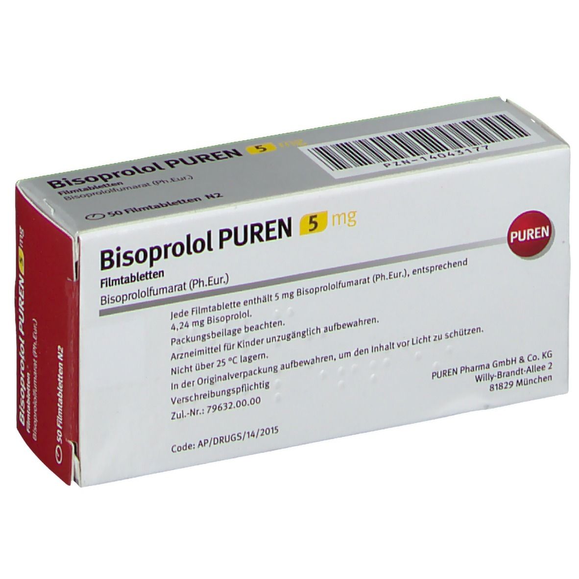 Schachtel mit Bisoprolol PUREN 5 mg Filmtabletten. Aufschrift: 50 Filmtabletten N2. Rote und weiße Verpackung mit Produktnamen und Dosierung. Zusätzliche Informationen.