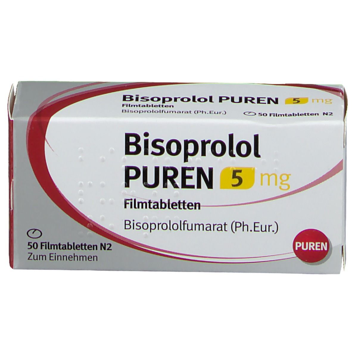 Schachtel mit Bisoprolol PUREN 5 mg Filmtabletten. Aufschrift: 50 Filmtabletten N2. Rote und weiße Verpackung mit Produktnamen und Dosierung.