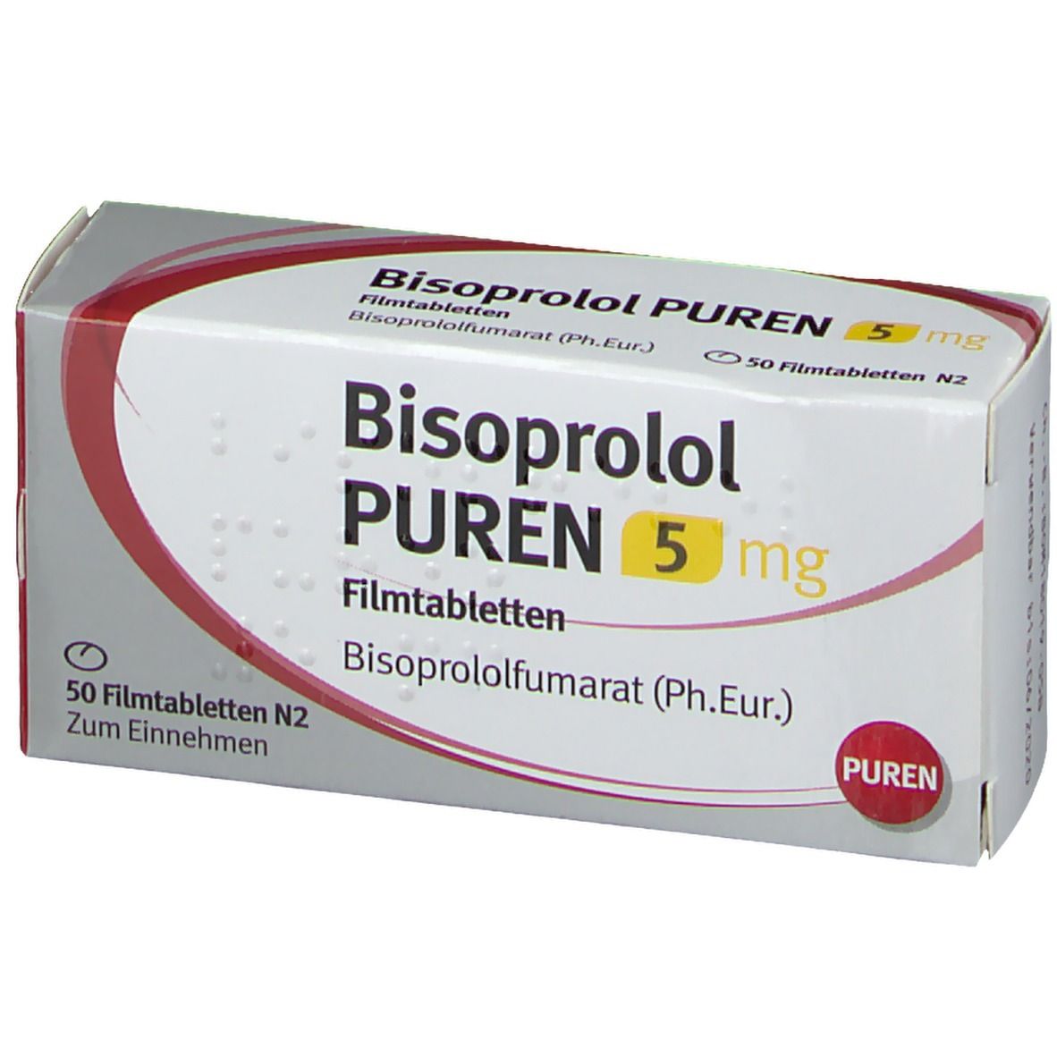 Schachtel mit Bisoprolol PUREN 5 mg Filmtabletten. Aufschrift: 50 Filmtabletten N2. Rote und weiße Verpackung mit Produktnamen und Dosierung.