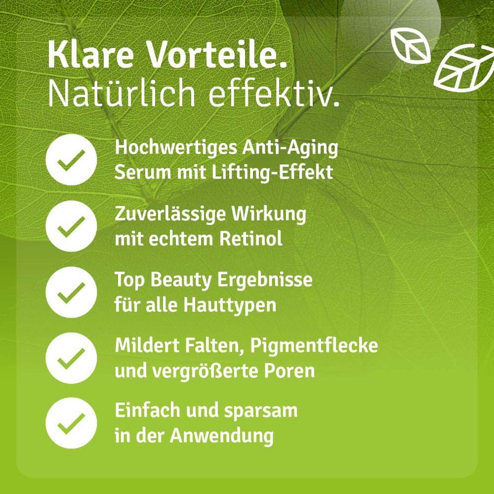 Grüner Hintergrund mit Text. Vorteile: Anti-Aging, zuverlässige Wirkung, Ergebnisse für alle Hauttypen.
