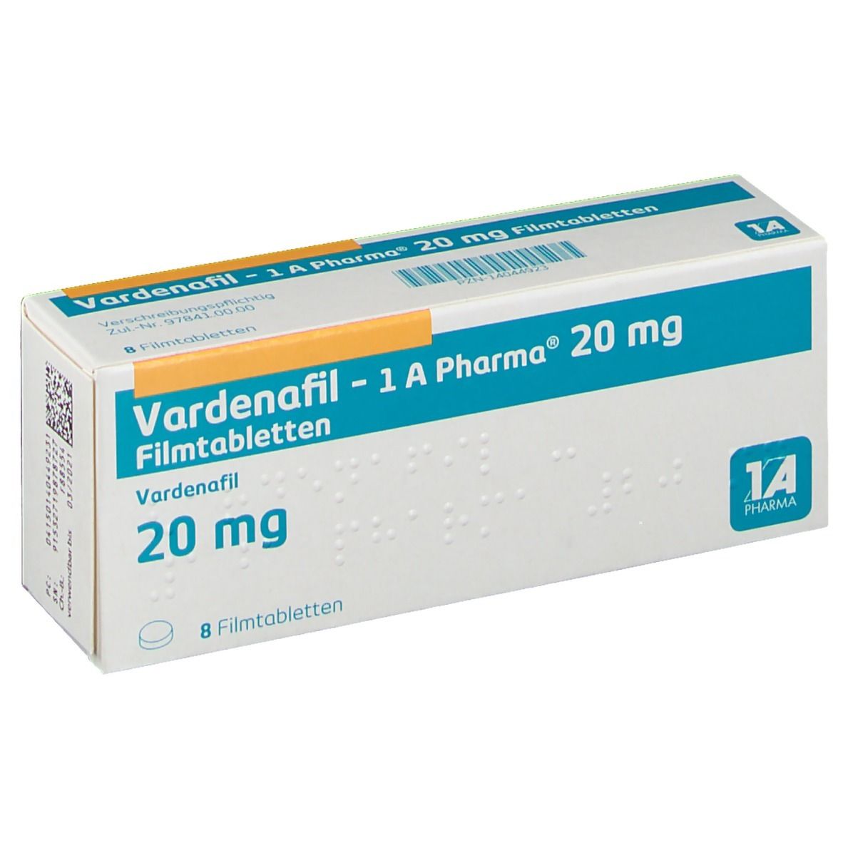 Schachtel mit Vardenafil - 1 A Pharma 20 mg Filmtabletten. Blaue und weiße Verpackung mit Produktinformationen.