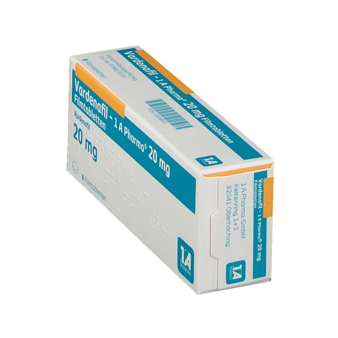 Schräg gestellte Schachtel mit Vardenafil - 1 A Pharma 20 mg Filmtabletten. Blaue und weiße Verpackung.