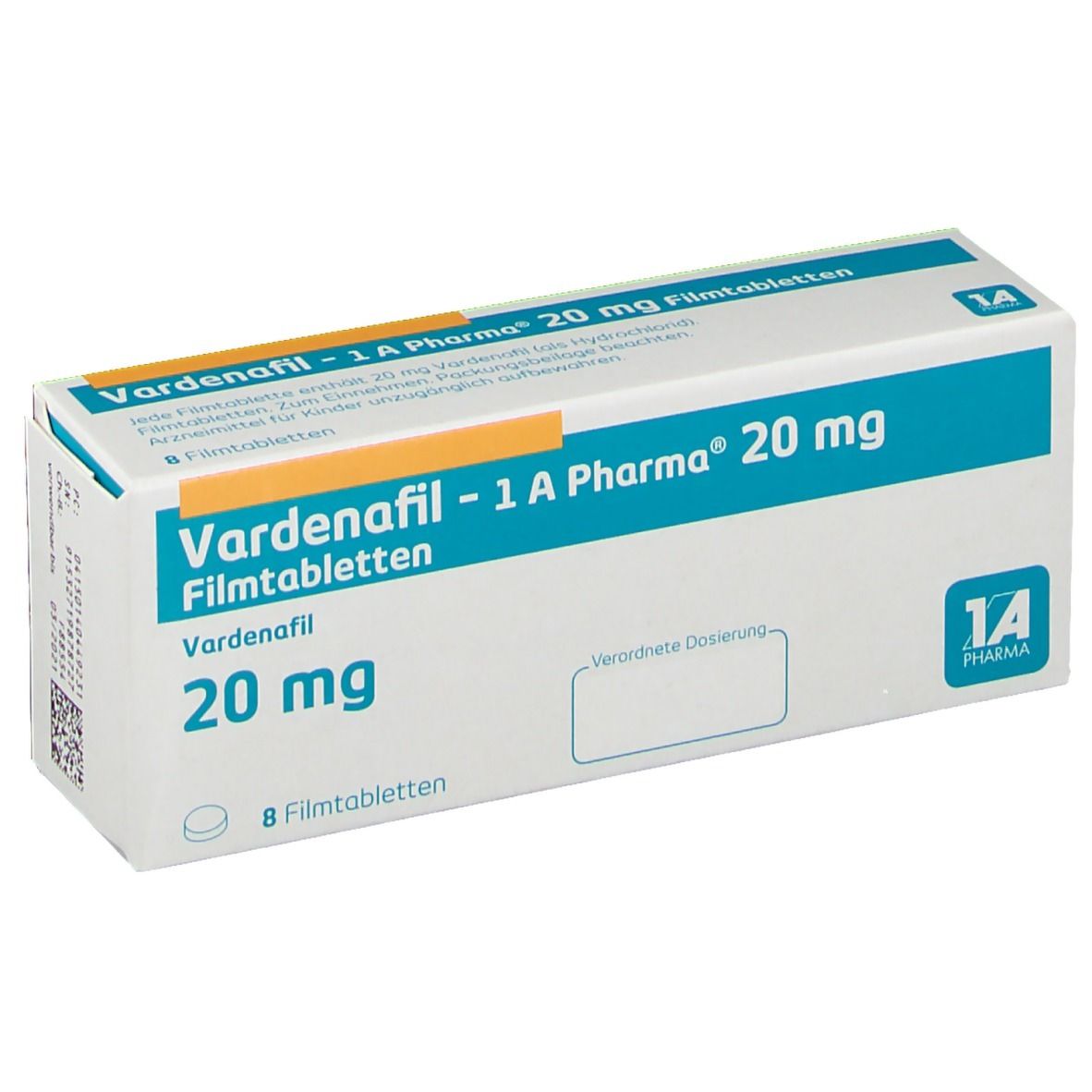 Schachtel mit Vardenafil - 1 A Pharma 20 mg Filmtabletten. Blaue und weiße Verpackung mit Produktinformationen.