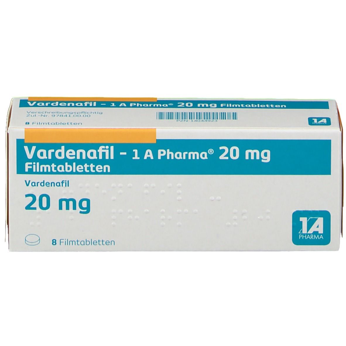 Schachtel mit Vardenafil - 1 A Pharma 20 mg Filmtabletten. Blaue und weiße Verpackung mit Produktinformationen.