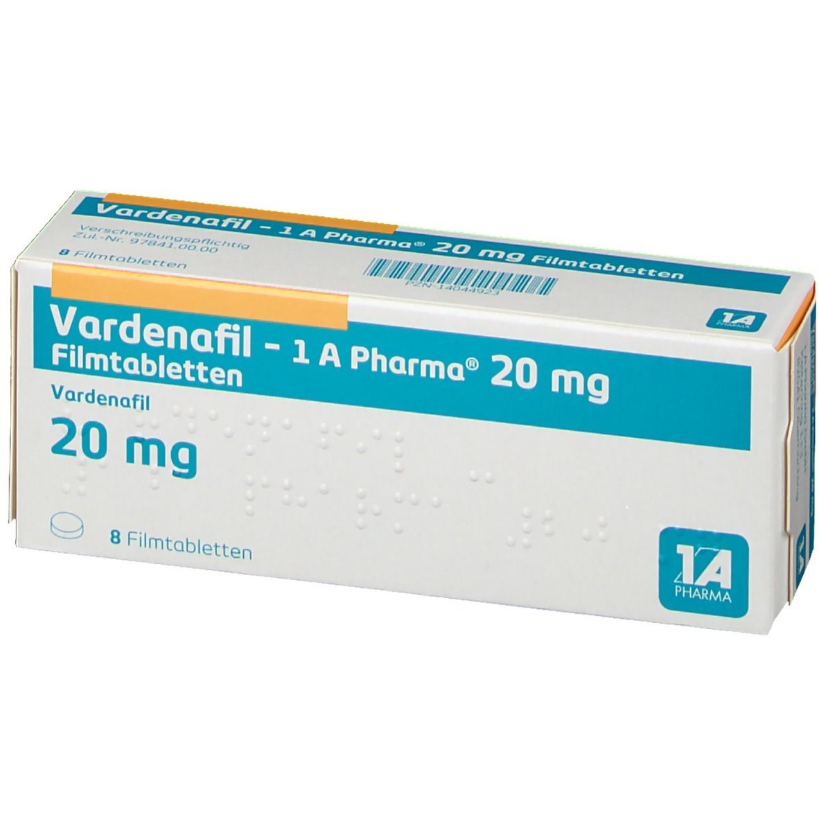 Schachtel mit Vardenafil - 1 A Pharma 20 mg Filmtabletten. Blaue und weiße Verpackung mit Produktinformationen.