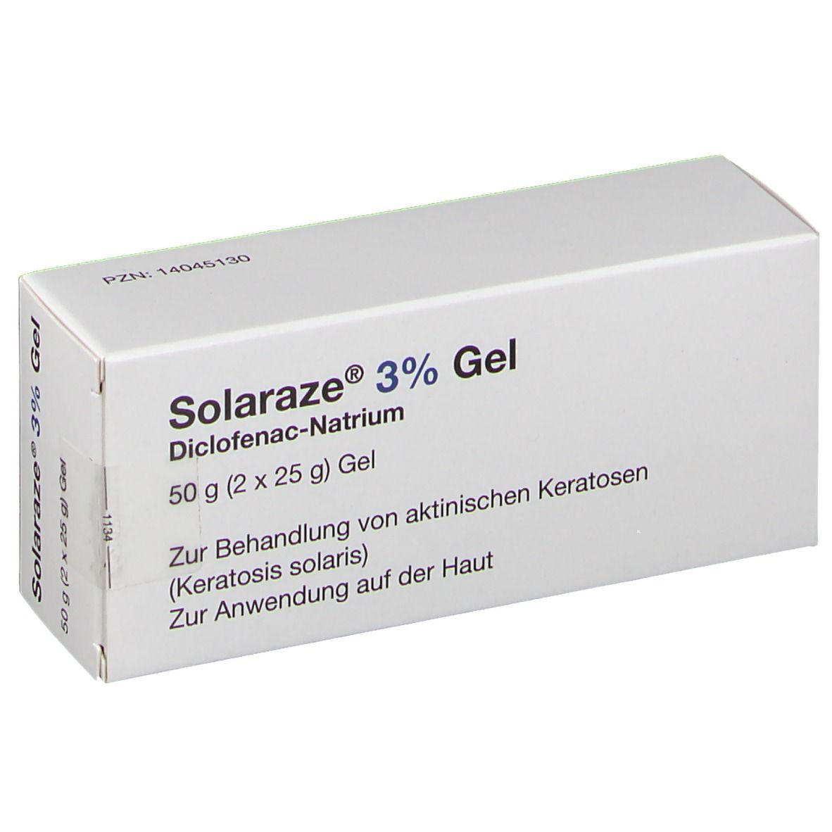 Weiße Schachtel mit Aufschrift Solaraze 3% Gel, Diclofenac-Natrium. Enthält 50g Gel. Text zur Behandlung von aktinischen Keratosen.