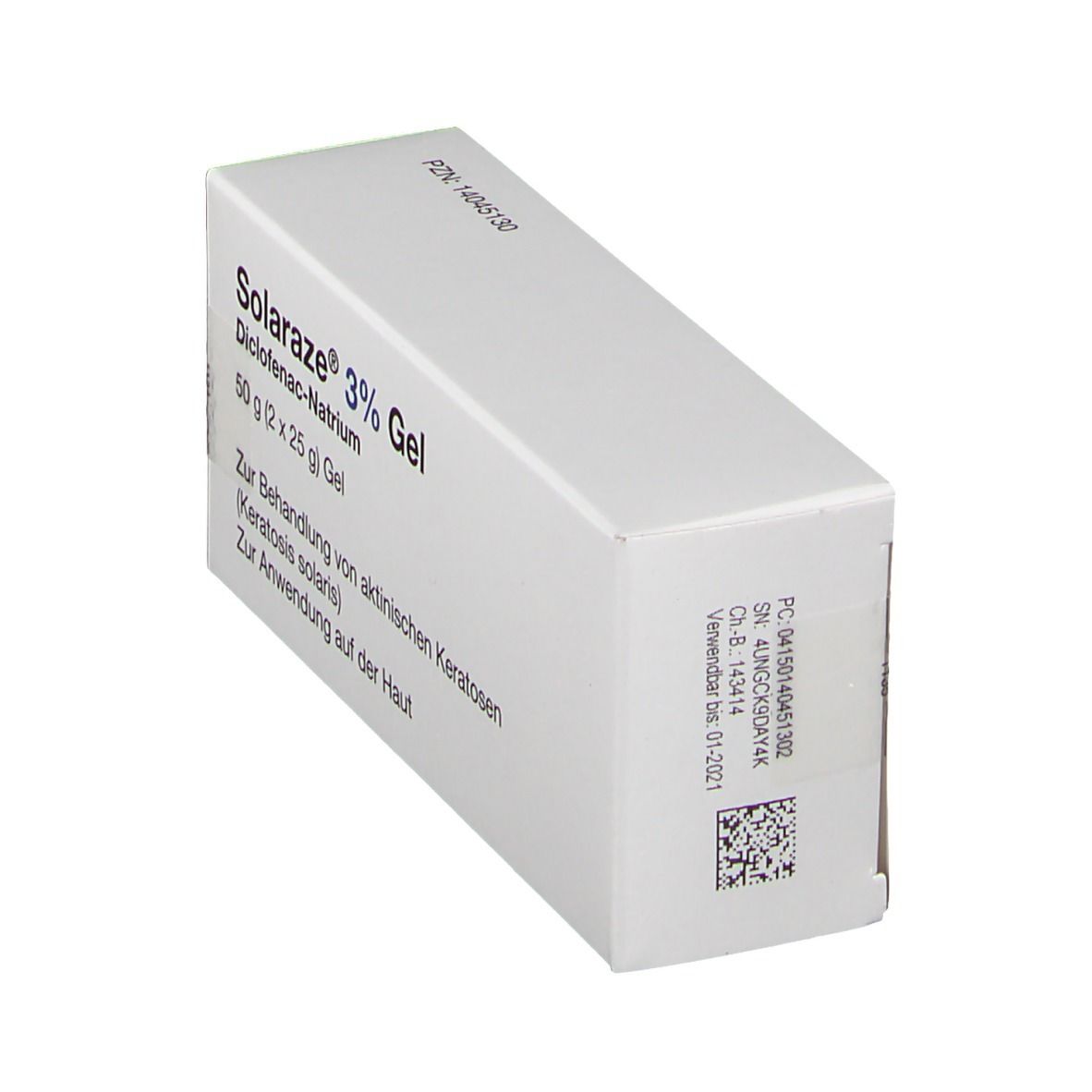 Schachtel Solaraze 3% Gel, Diclofenac-Natrium. Enthält 50g Gel. Text zur Behandlung von aktinischen Keratosen. Weiße Verpackung.
