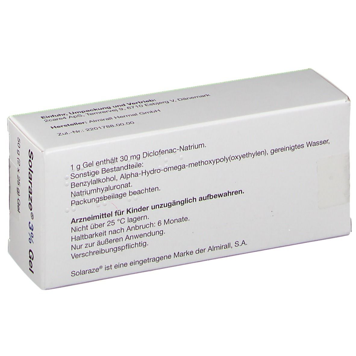 Weiße Schachtel mit Text. Enthält 1g Gel mit 30 mg Diclofenac-Natrium. Weitere Bestandteile. Haltbarkeit 6 Monate nach Anbruch.