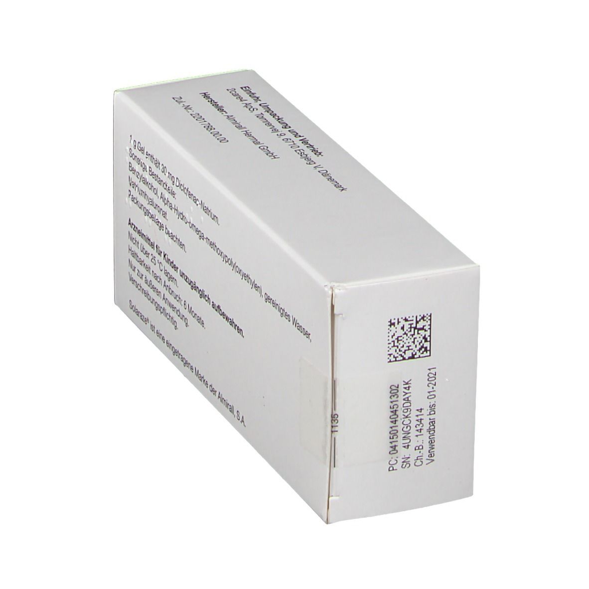 Weiße Schachtel mit Text. Enthält 1g Gel mit 30 mg Diclofenac-Natrium. Haltbarkeit 6 Monate nach Anbruch. QR-Code.