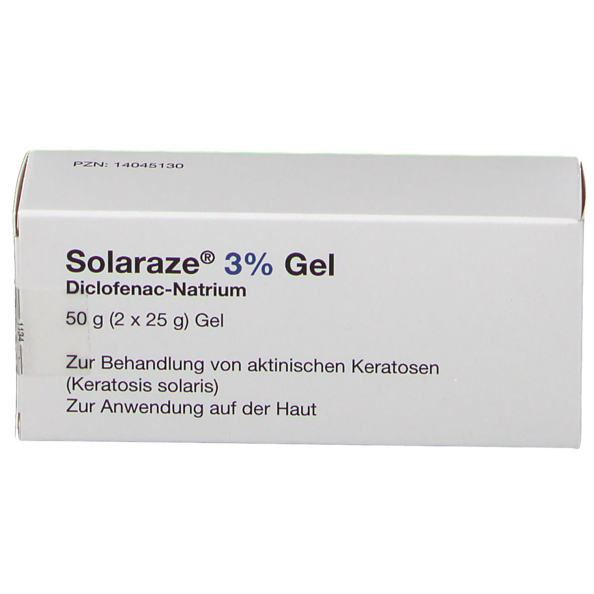 Weiße Schachtel mit Solaraze 3% Gel, Diclofenac-Natrium. Enthält 50g Gel. Text zur Behandlung von aktinischen Keratosen.