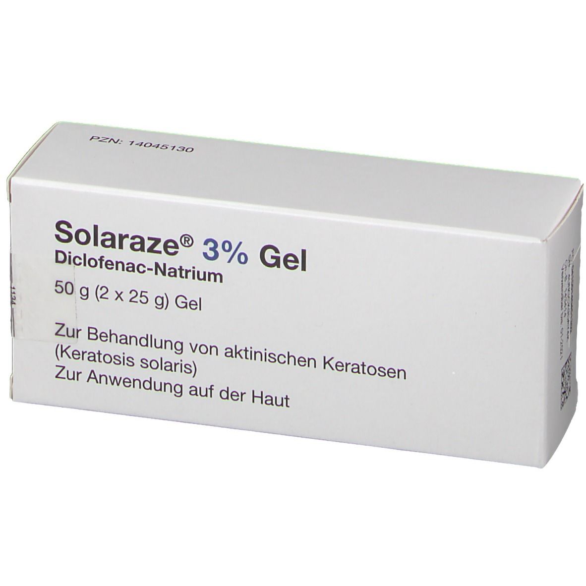 Weiße Schachtel mit Solaraze 3% Gel, Diclofenac-Natrium. Enthält 50g Gel. Text zur Behandlung von aktinischen Keratosen.