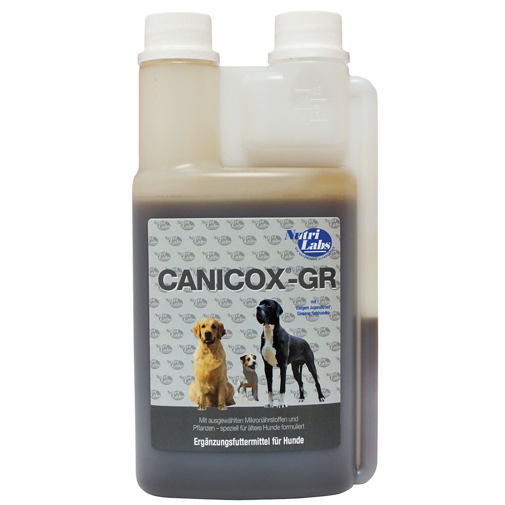 Flasche mit Flüssigkeit. Aufkleber mit Logo und Produktname. Abgebildet sind drei Hunde. Weiße Deckel.