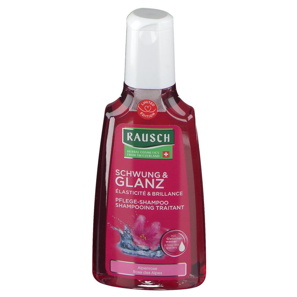 Rote Flasche mit weißem Deckel. Aufschrift: RAUSCH, Schwung & Glanz, Pflege-Shampoo. Limited Edition.
