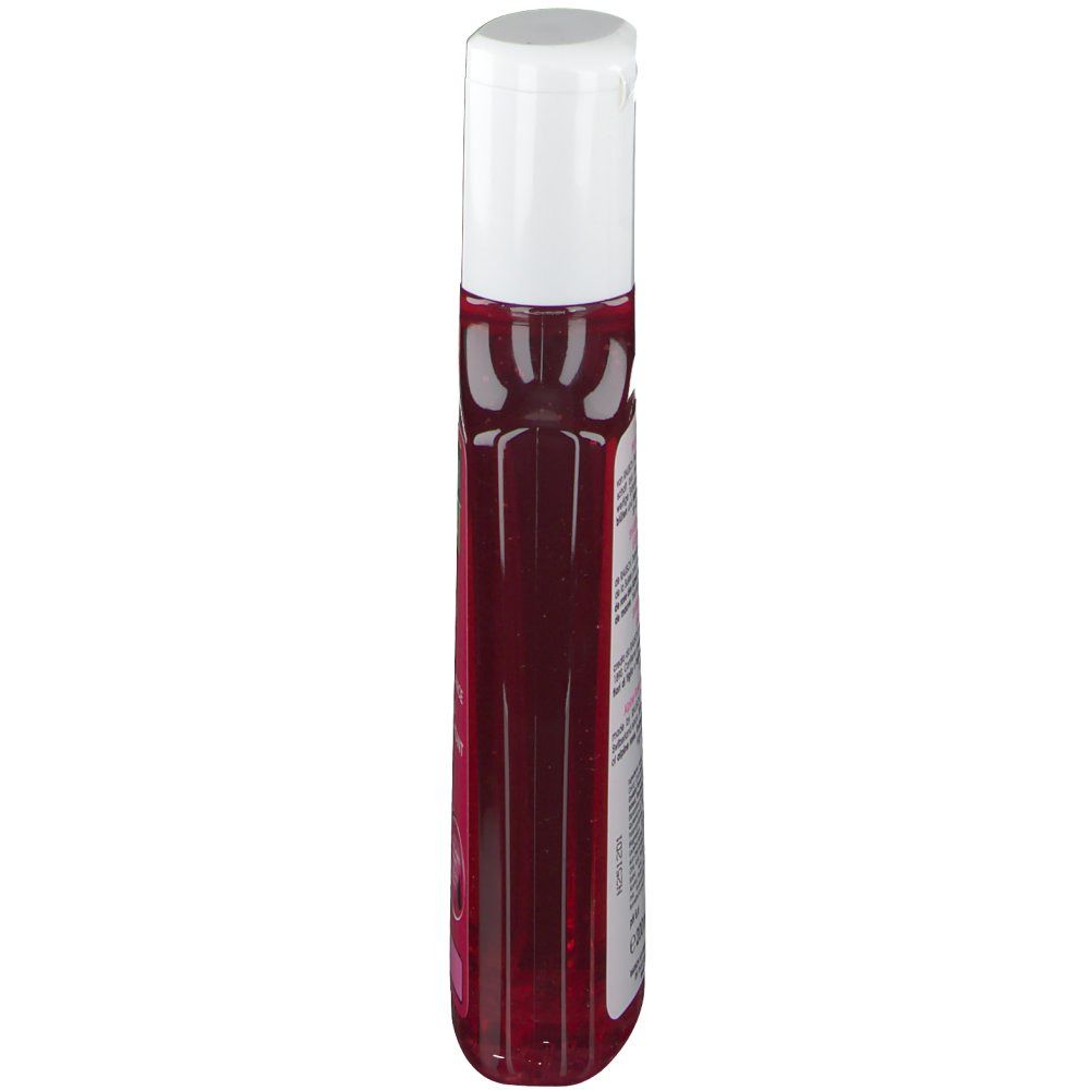 Rote, längliche Flasche mit weißem Deckel. Produktetikett mit Text auf Deutsch.