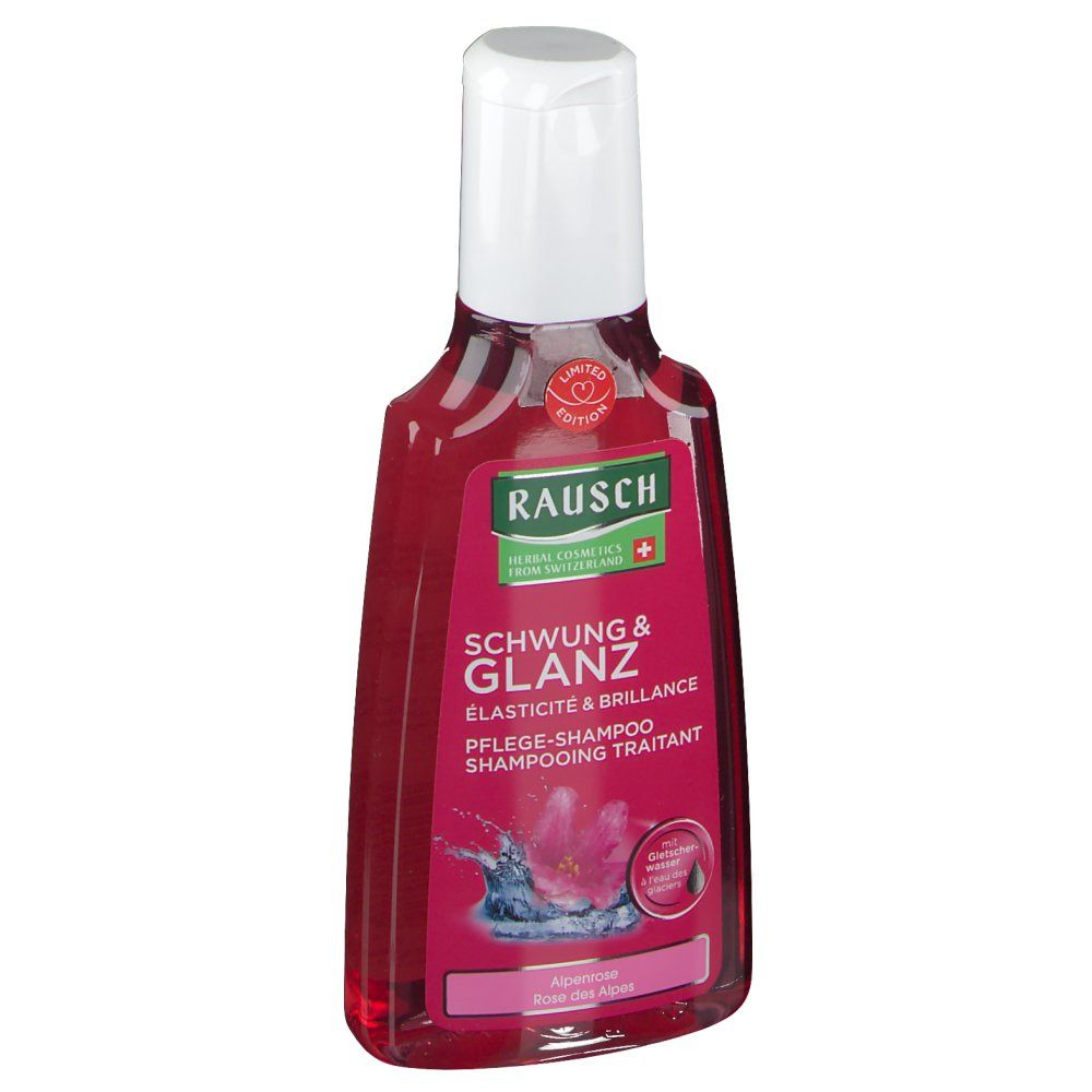 Rote Flasche mit weißem Deckel. Aufschrift: RAUSCH, Schwung & Glanz, Pflege-Shampoo. Limited Edition.