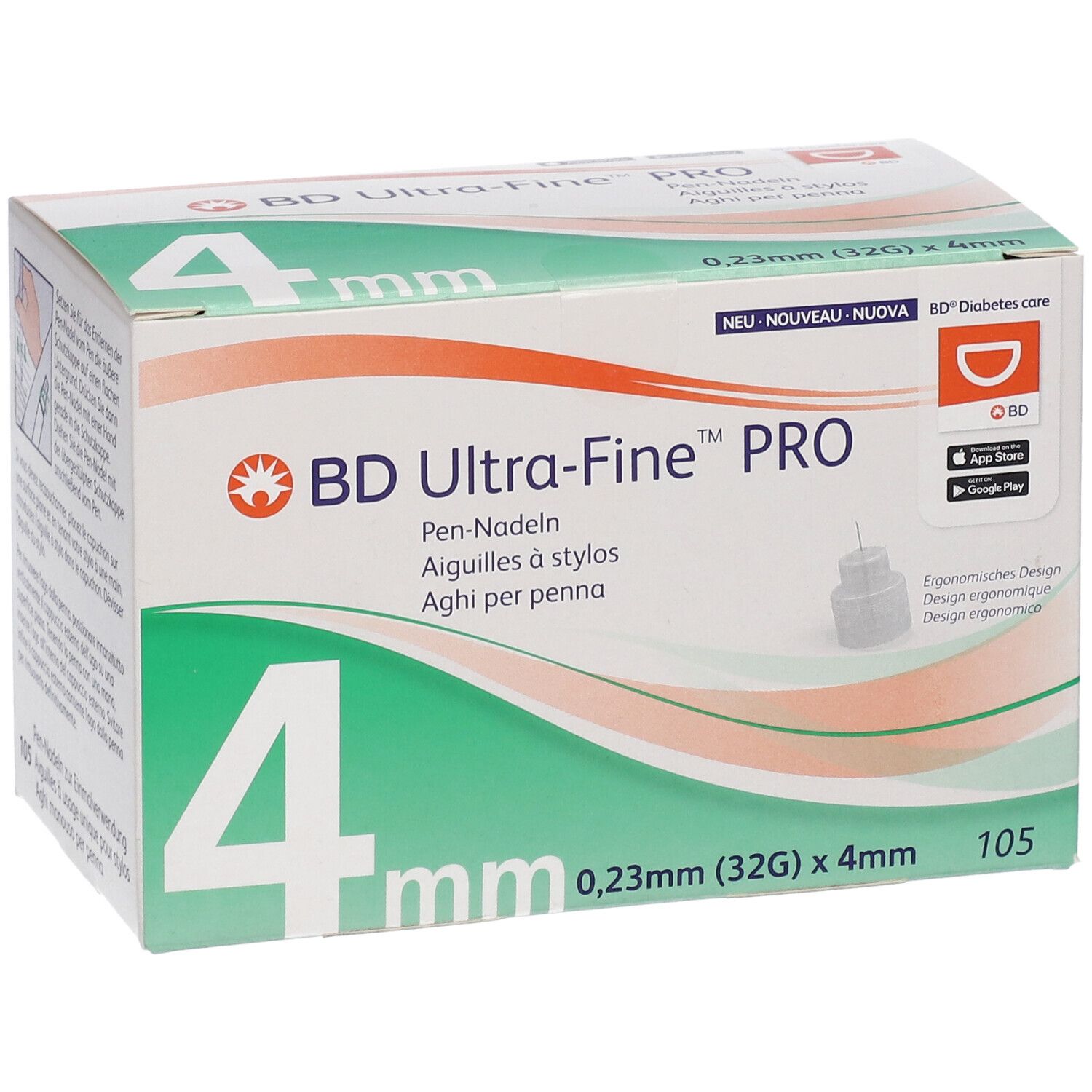 Verpackung von BD Ultra-Fine™ PRO Pen-Nadeln. Aufdruck: 4 mm, 0,23 mm (32G) x 4 mm. 105 Stück.