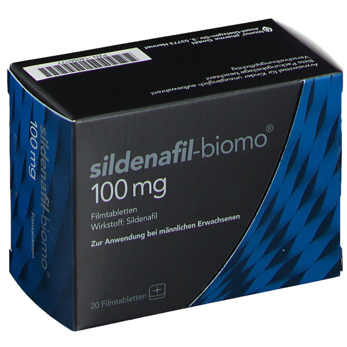 Schachtel sildenafil-biomo® 100 mg. Schwarze Verpackung mit blauen Akzenten. Aufschrift: 100 mg, Filmtabletten, Wirkstoff Sildenafil.