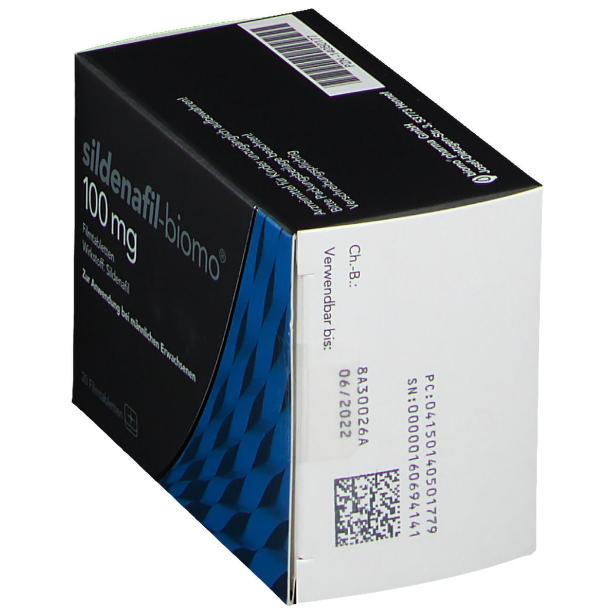 Schachtel sildenafil-biomo® 100 mg. Rückseite mit Chargen- und Verfallsdatum. Schwarze Verpackung mit weißen Details.
