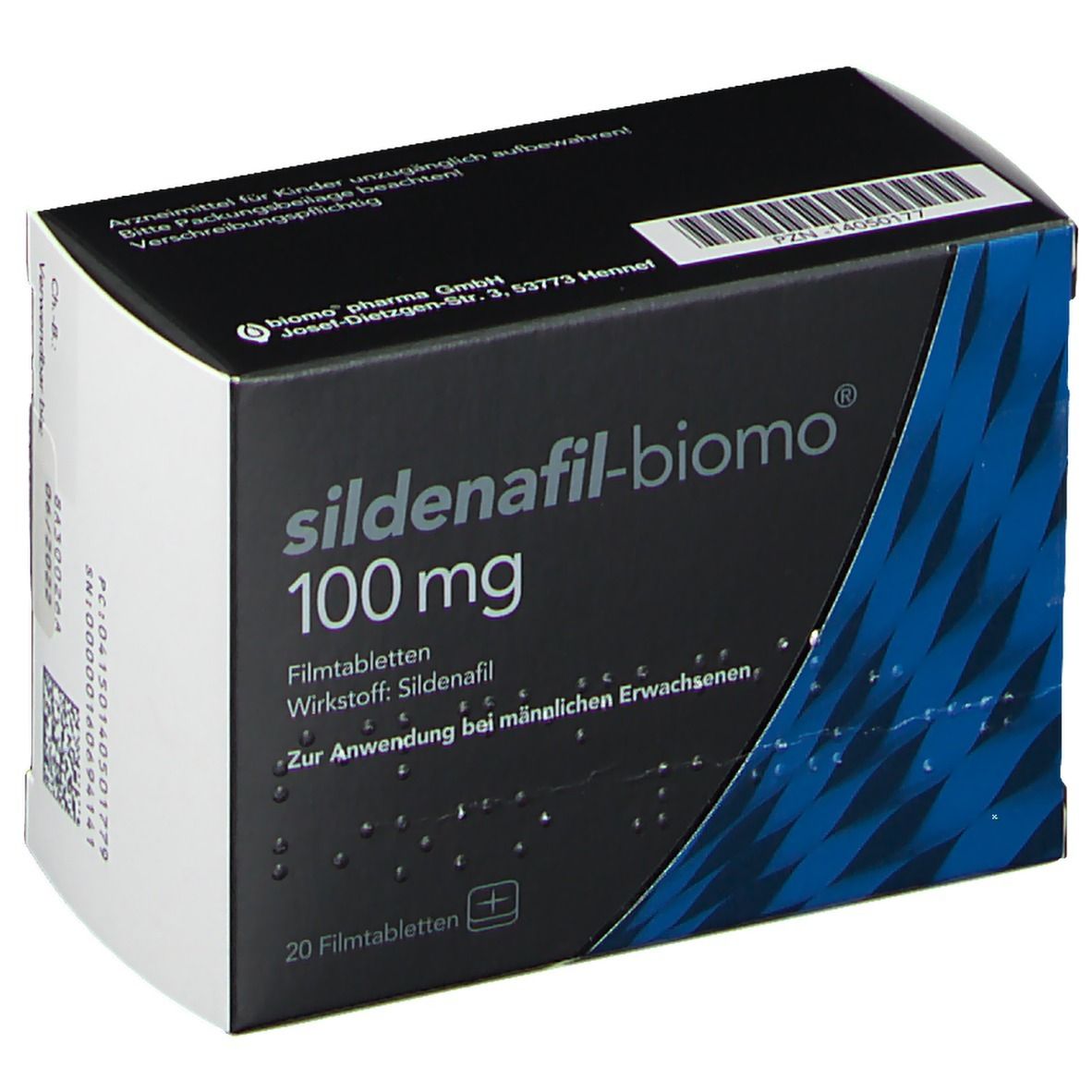 Schachtel sildenafil-biomo® 100 mg. Schwarze Verpackung mit blauen Akzenten. Aufschrift: 100 mg, Filmtabletten, Wirkstoff Sildenafil.