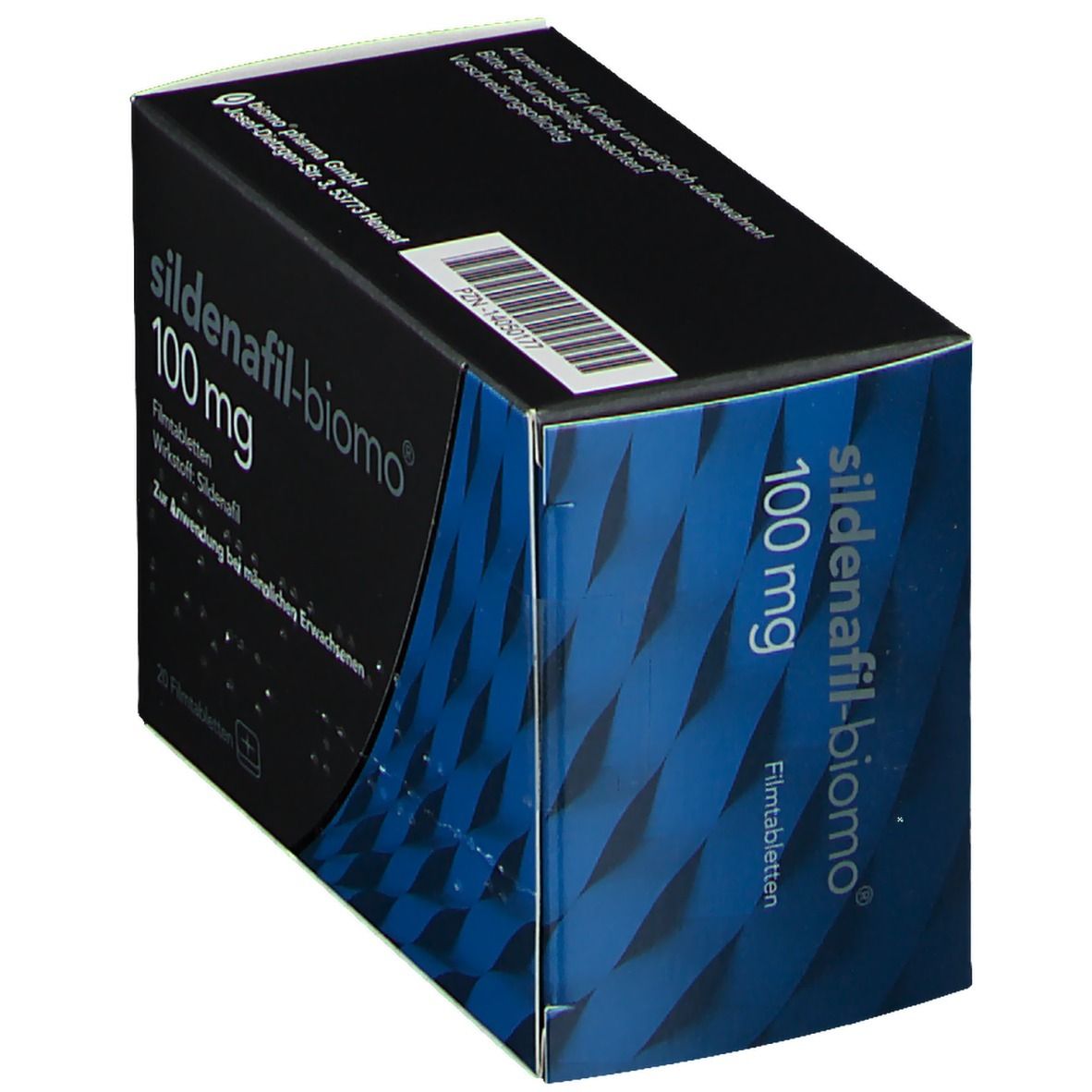 Schachtel sildenafil-biomo® 100 mg. Schwarze Verpackung mit blauen Akzenten. Aufschrift: 100 mg, Filmtabletten, Wirkstoff Sildenafil.