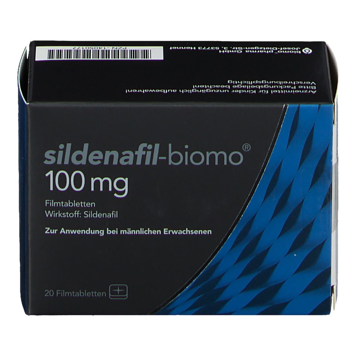 Schachtel sildenafil-biomo® 100 mg. Schwarze Verpackung mit blauen Akzenten. Aufschrift: 100 mg, Filmtabletten, Wirkstoff Sildenafil.