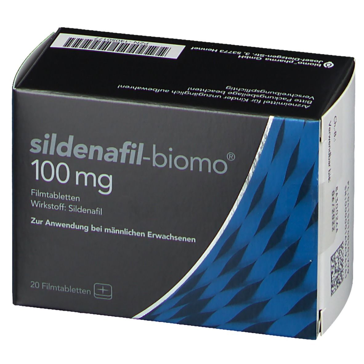 Schachtel sildenafil-biomo® 100 mg. Schwarze Verpackung mit blauen Akzenten. Aufschrift: 100 mg, Filmtabletten, Wirkstoff Sildenafil.