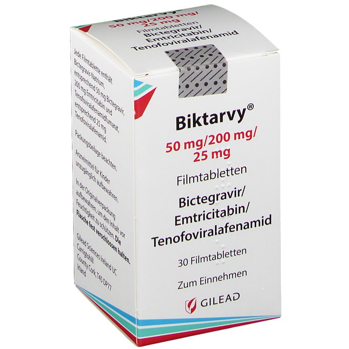 Biktarvy®-Verpackung. Enthält 50 mg/200 mg/25 mg Filmtabletten. Enthält Biktarvir, Emtricitabin und Tenofoviralafenamid. 30 Tabletten.