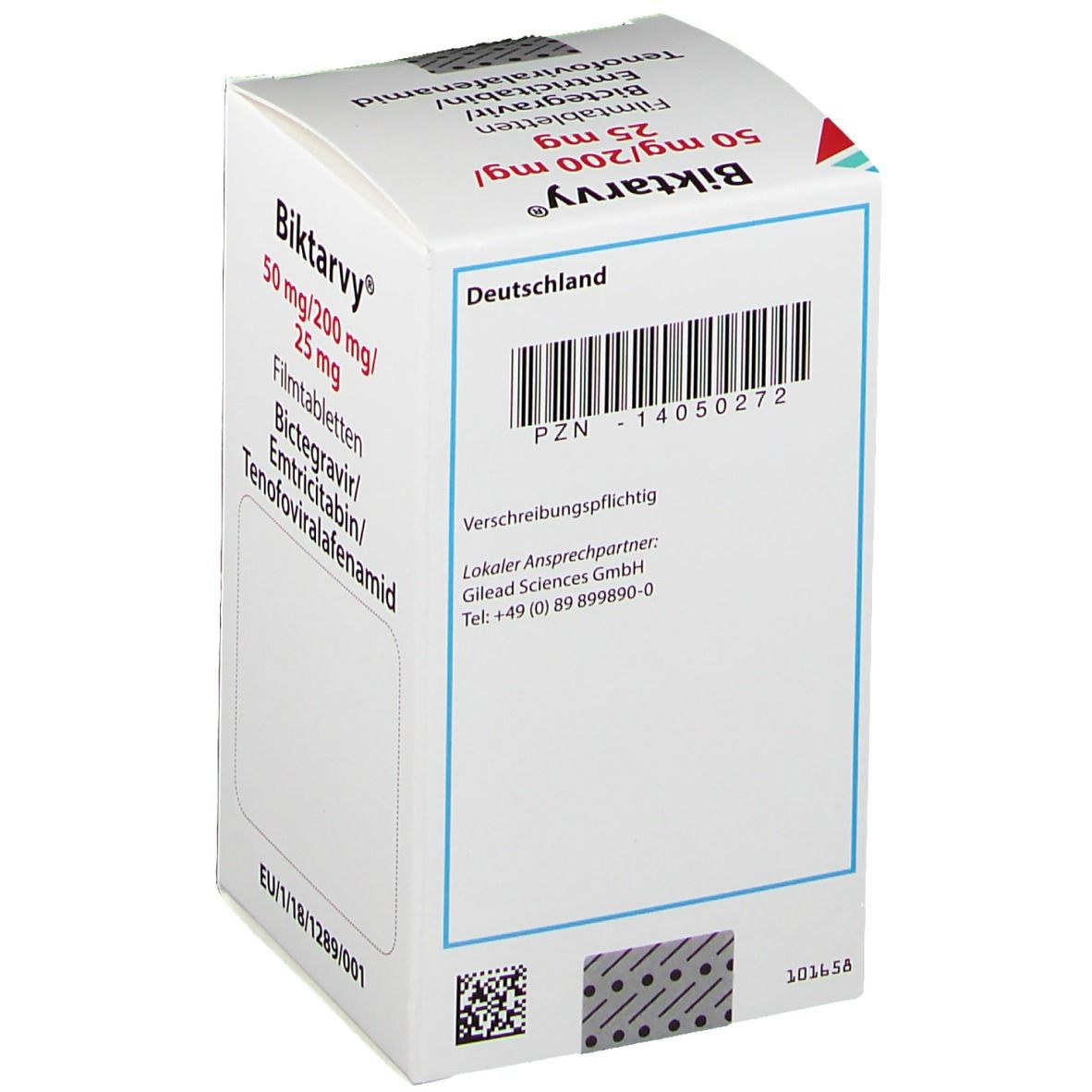 Biktarvy®-Verpackung. Rückseite mit Informationen. Enthält Biktarvir, Emtricitabin und Tenofoviralafenamid. PZN-Nummer und Barcode.