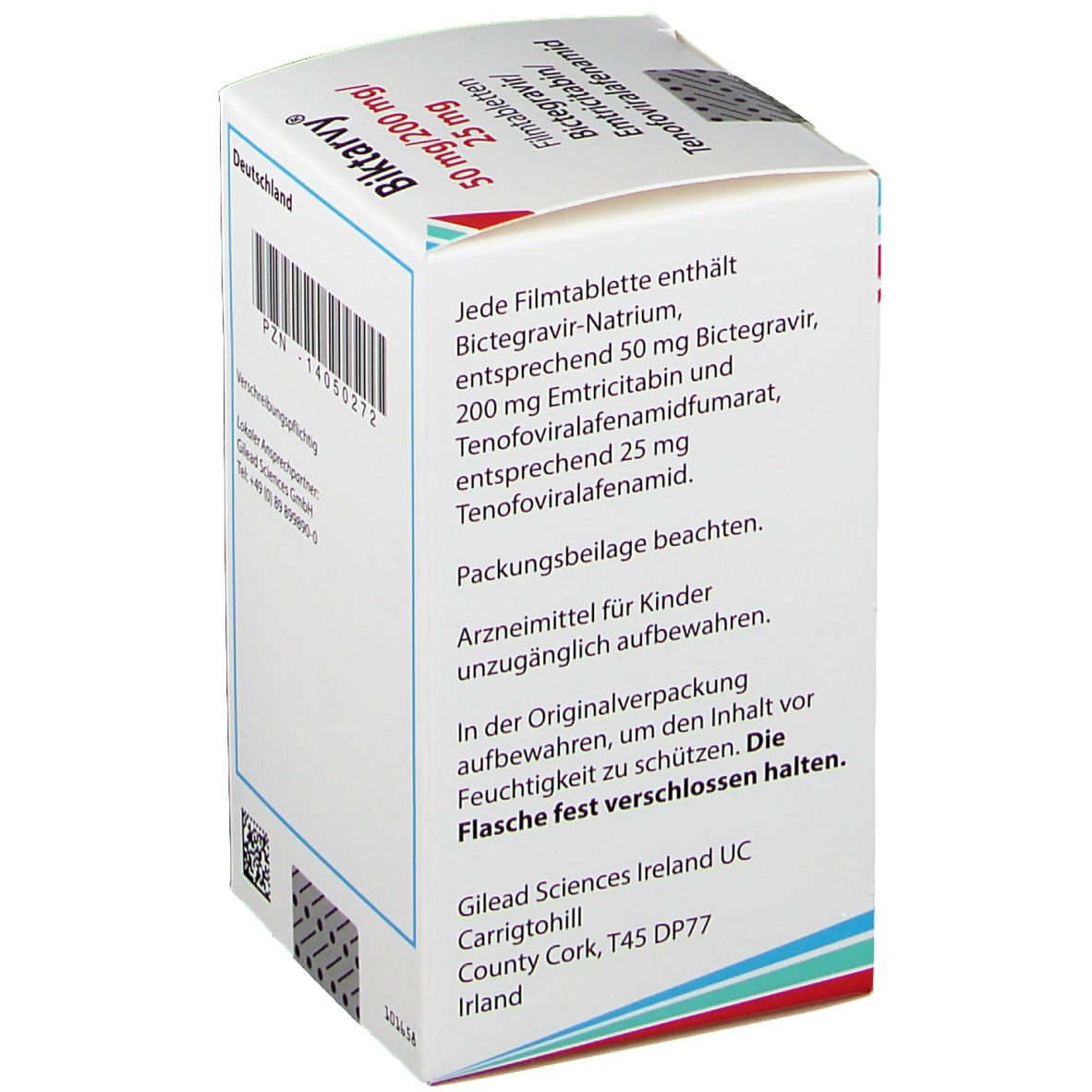 Biktarvy®-Verpackung. Rückseite mit Inhaltsangaben. Enthält Biktarvir, Emtricitabin und Tenofoviralafenamid. Hinweise zur Aufbewahrung.