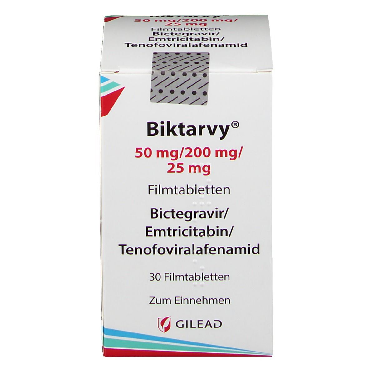 Biktarvy®-Verpackung. Enthält 50 mg/200 mg/25 mg Filmtabletten. Enthält Biktarvir, Emtricitabin und Tenofoviralafenamid. 30 Tabletten.